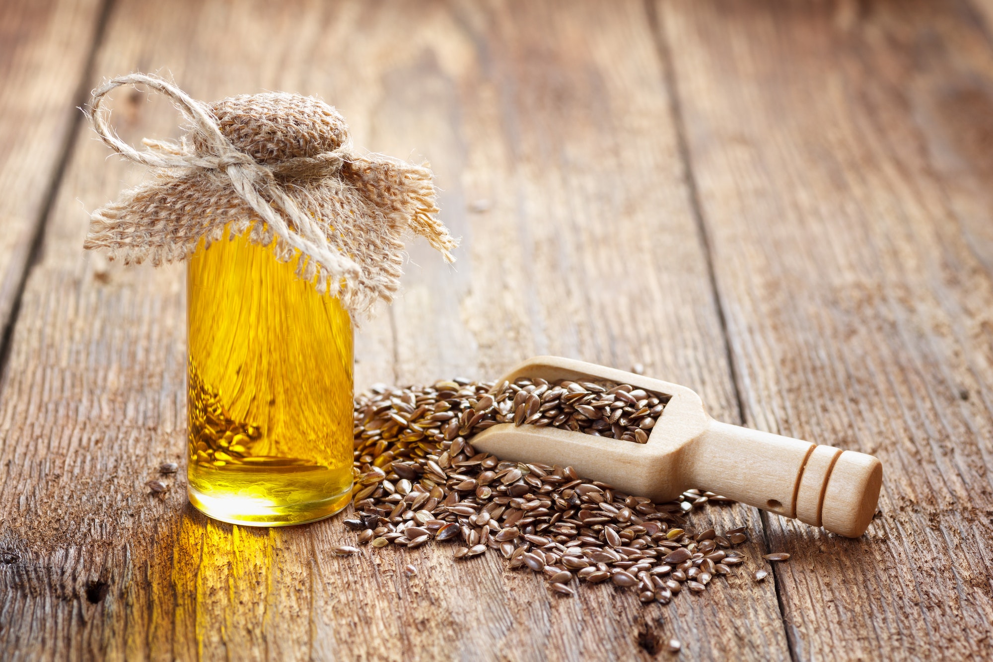 Flax seeds and oil in bottle